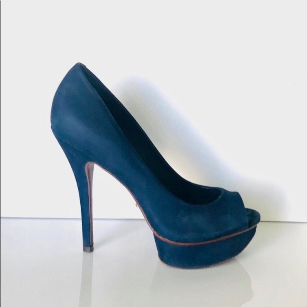 SCHUTZ Suede Navy Blue Peep-Toe Platform Pump Removable Ankle Bow Detail RARE
